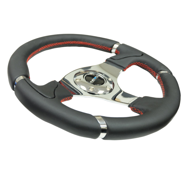 NRG Reinforced Steering Wheel (320mm) Blk Leather/Red Stitching w/Chrome 3-Spoke Center-thumbmail-2