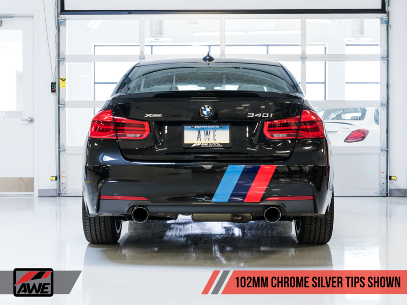 AWE Tuning BMW F3X 340i Touring Edition Axle-Back Exhaust - Chrome Silver Tips (102mm)-thumbmail-11