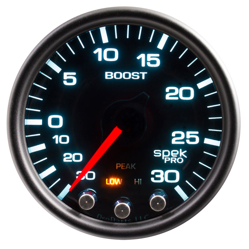 Autometer Spek-Pro Gauge Vac/Boost 2 1/16in 30Inhg-30psi Stepper Motor Peak & Warn Black/Smoke/Black-thumbmail-2