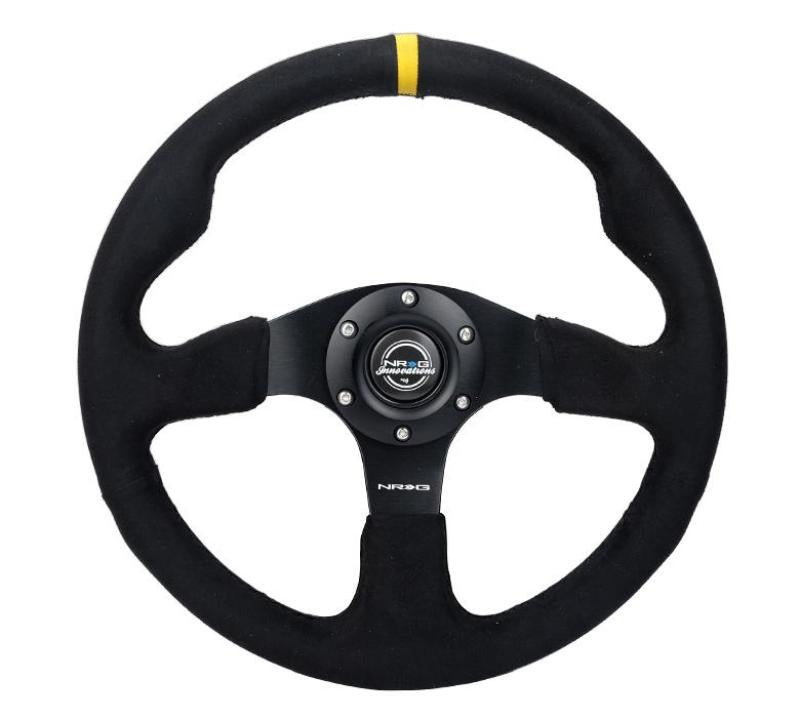 NRG Reinforced Steering Wheel (350mm/ 3in. Deep) Alcantara w/ Yellow Center w/ Black Stitch-thumbmail-1