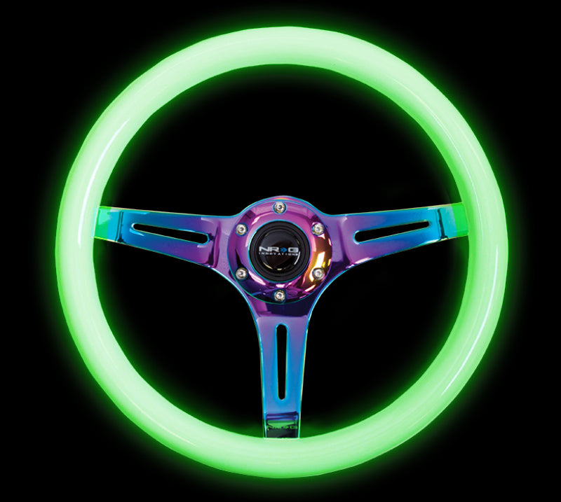 NRG Classic Wood Grain Steering Wheel (350mm) Glow-N-The-Dark Green Grip w/Neochrome 3-Spoke Center-thumbmail-2