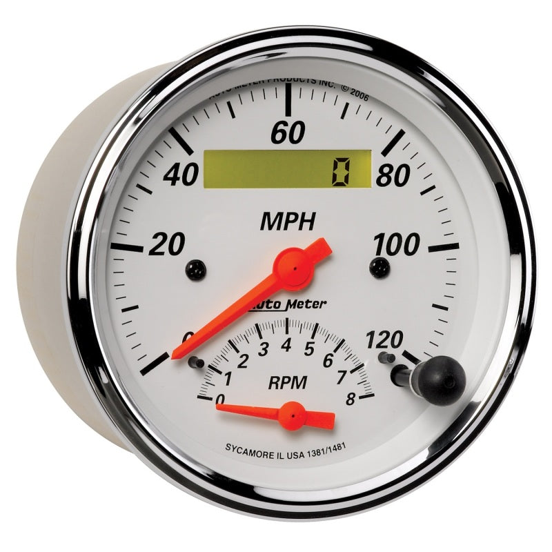 AutoMeter Gauge Tach/Speedo 3-3/8in. 120MPH & 8K RPM Elec. Program. Arctic White-thumbmail-3