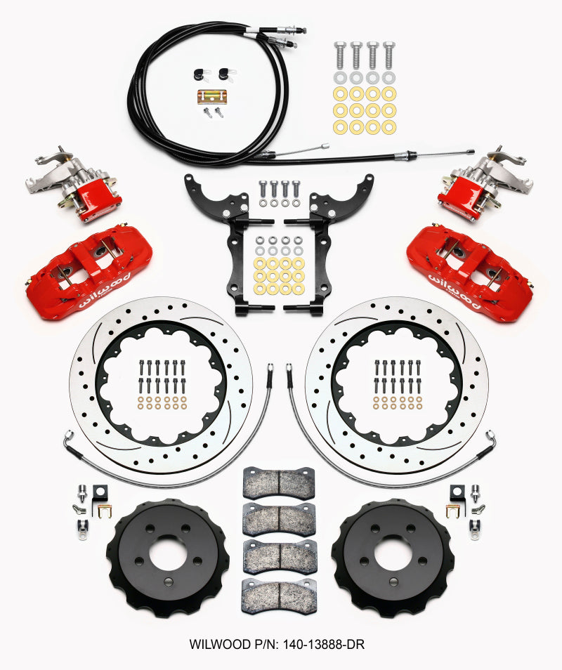 Wilwood AERO4 / MC4 Rear Kit 14.00 Drilled Red 2015-Up Mustang w/Lines & Cables-thumbmail-1