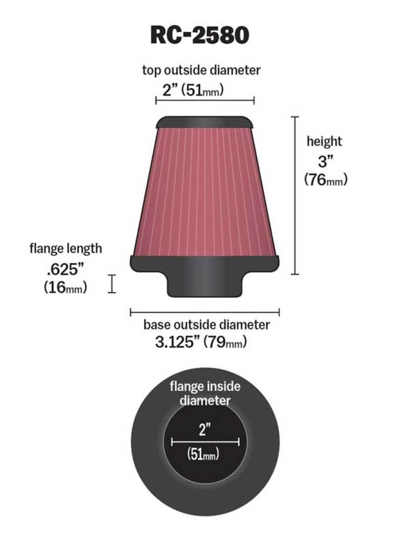 K&N Universal Clamp-On Air Filter 2in FLG / 3-1/8in B / 2in T / 3in L-thumbmail-2