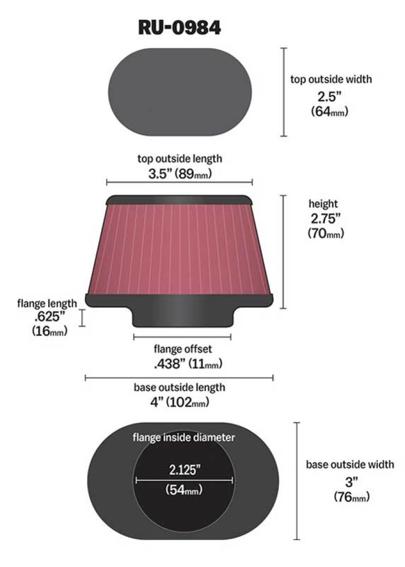 K&N Universal Rubber Filter 2.125in Flange ID/3in x 4in Tapered Oval/2.75in Height (4 Filters)-thumbmail-2