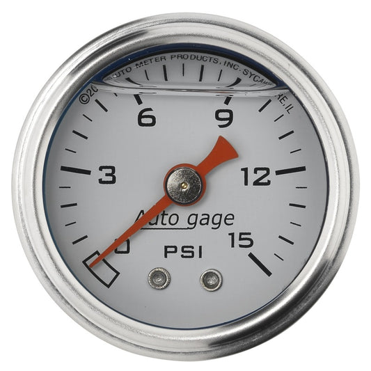 Autometer AutoGage 1.5in Liquid Filled Mechanical 0-15 PSI Fuel Pressure Gauge - White