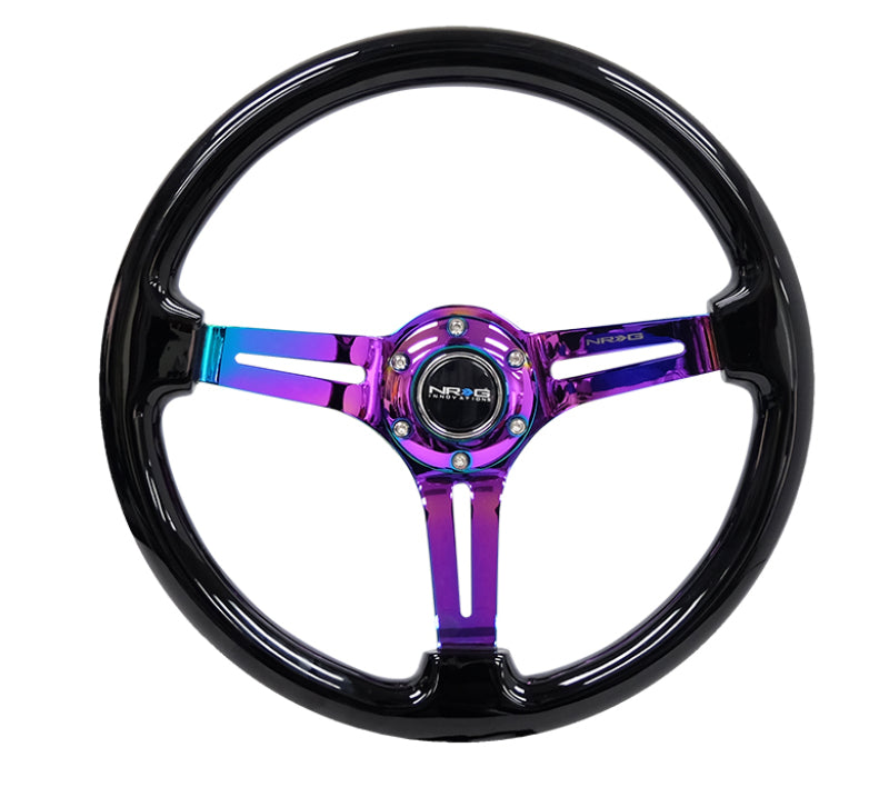NRG Reinforced Steering Wheel (350mm / 3in. Deep) Blk Wood w/Blk Matte Spoke/Neochrome Center Mark-thumbmail-2
