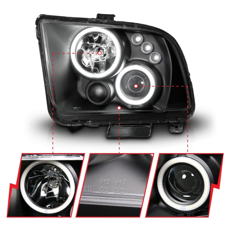 ANZO 2005-2009 Ford Mustang Projector Headlights w/ Halo Black-thumbmail-10
