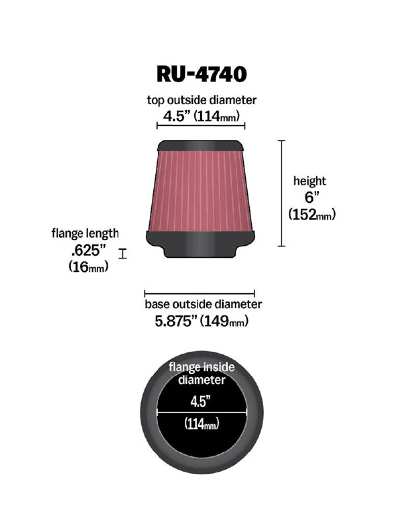 K&N Filter Universal Rubber Filter Round Tapered 4.5in  Flange 5.875in Base 4.5 inch Top 6in  Height-thumbmail-3