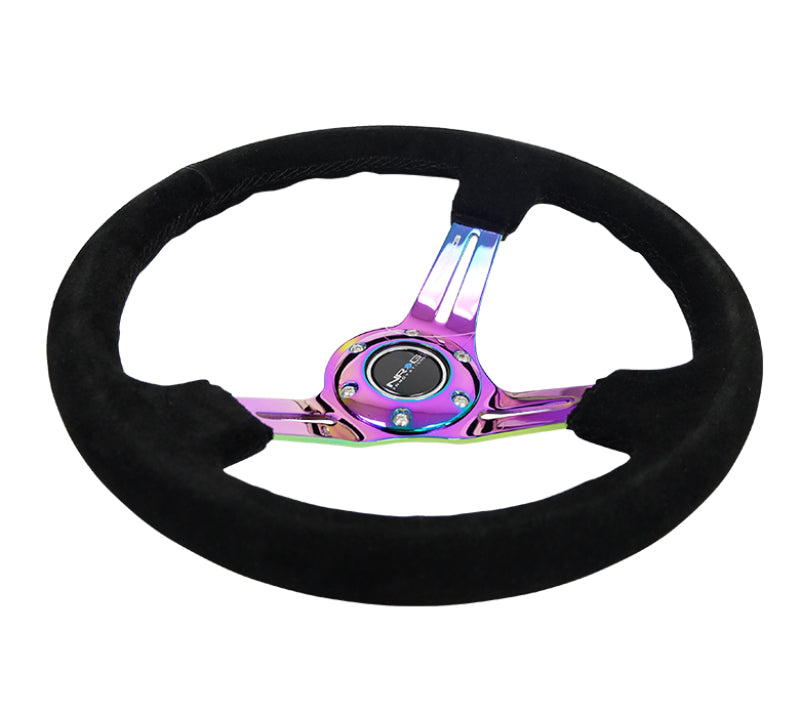 NRG Reinforced Steering Wheel (350mm / 3in. Deep) Blk Suede/Blk Stitch w/Neochrome Slits-thumbmail-2