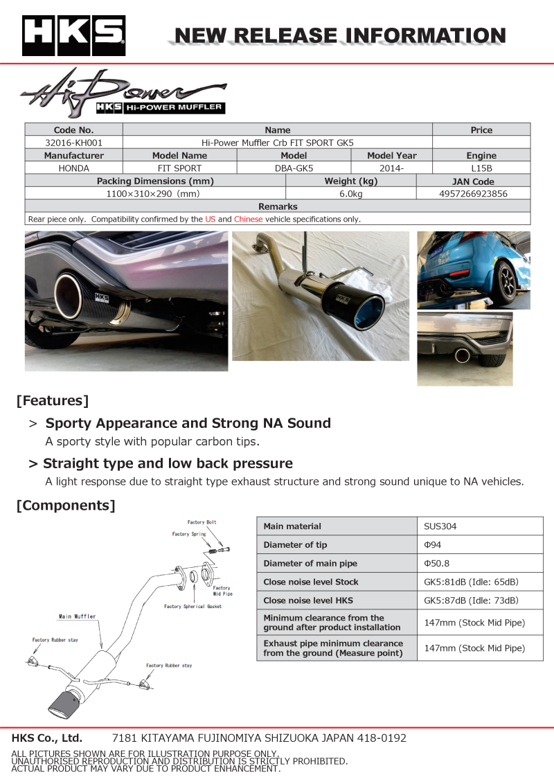 HKS Hi-Power Muffler 2014+ Honda Fit Sport GK5 w/ Carbon Tips-thumbmail-3