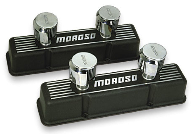 Moroso Chevrolet Small Block Valve Cover - 2 Covers w/2 Breathers - Black Finished Aluminum - Pair-thumbmail-1