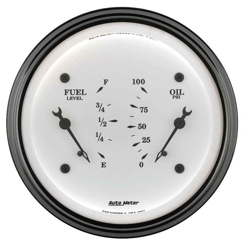 AutoMeter Gauge Dual Fuel & Oilp 3-3/8in. 240 Ohm(e) to 33 Ohm(f) & 100PSI Elec Old Tyme Wht-thumbmail-2