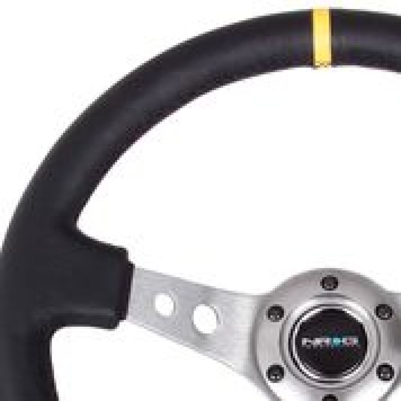 NRG Reinforced Steering Wheel (350mm / 3in. Deep) Blk Leather w/Gunmetal Cutout Spoke & Yellow CM-thumbmail-2