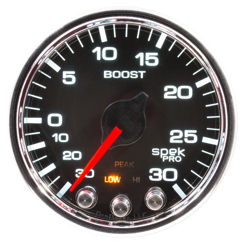 Autometer Spek-Pro Gauge Vac/Boost 2 1/16in 30Inhg-30psi Stepper Motor W/Peak & Warn Black/Chrome-thumbmail-2