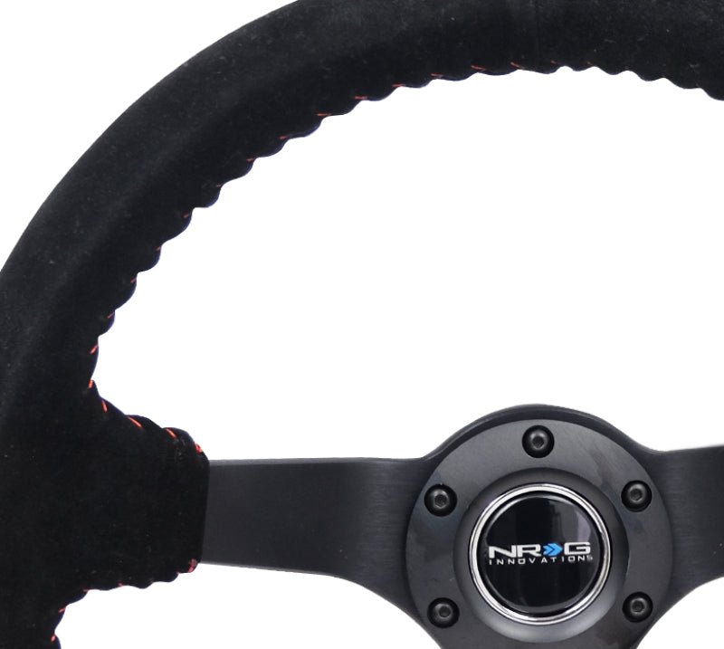 NRG Reinforced Steering Wheel (350mm / 3in. Deep) Blk Suede/Red BBall Stitch w/5mm Matte Blk Spokes-thumbmail-6