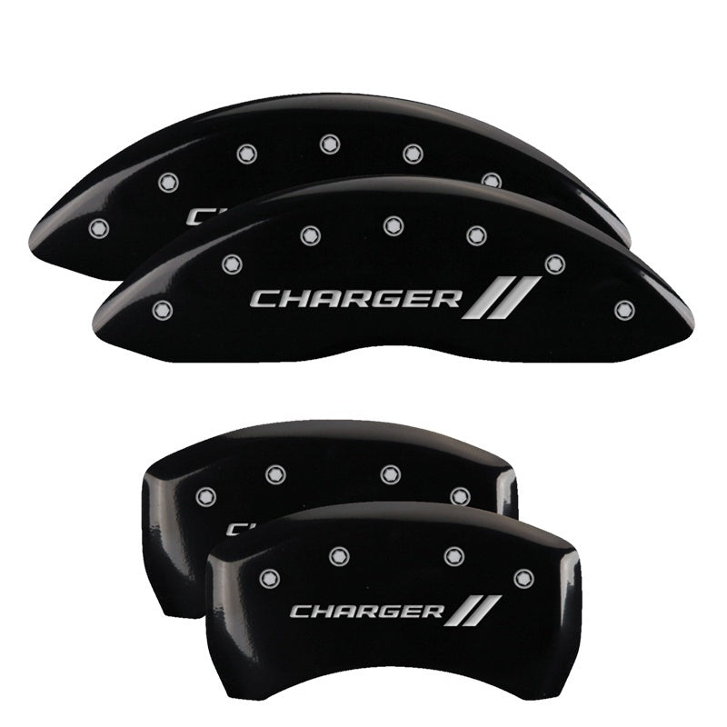 MGP 4 Caliper Covers Engraved Front & Rear With stripes/Charger Black finish silver ch-thumbmail-3