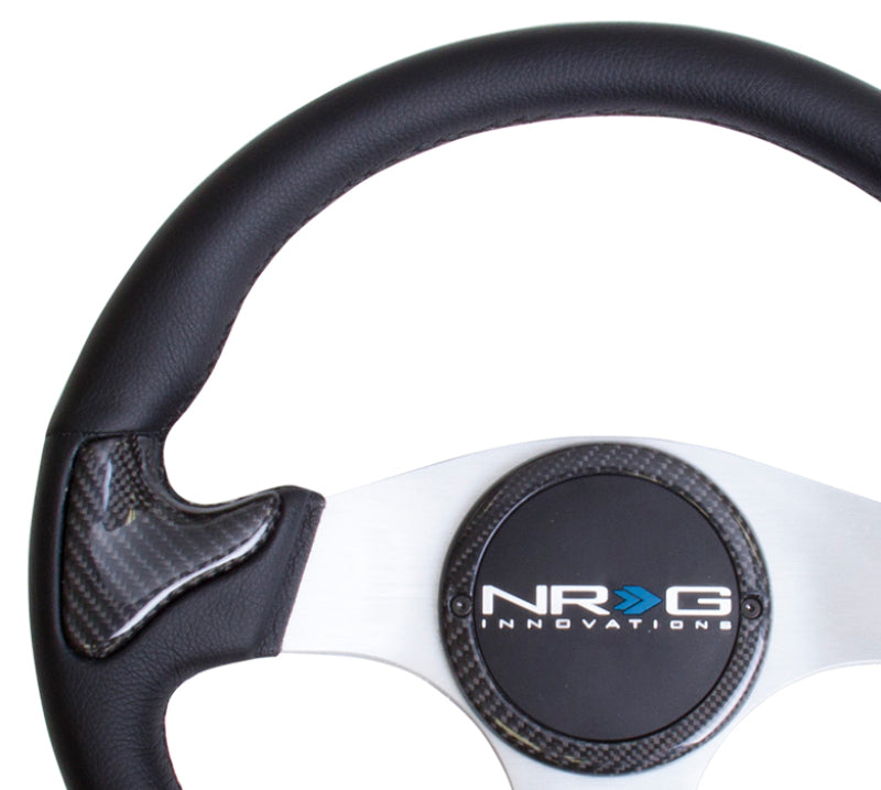 NRG Carbon Fiber Steering Wheel (350mm) Silver Frame Blk Stitching w/Rubber Cover Horn Button-thumbmail-2