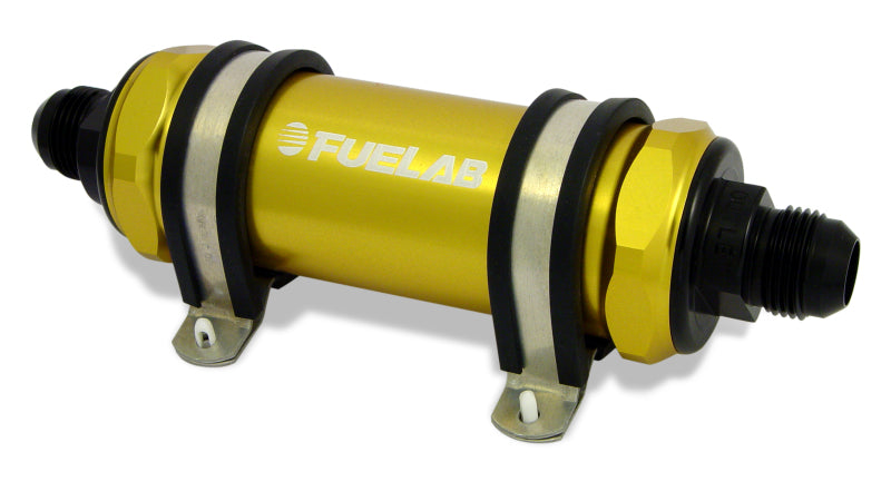 Fuelab 858 In-Line Fuel Filter Long -10AN In/Out 40 Micron Stainless w/Check Valve - Gold-thumbmail-1