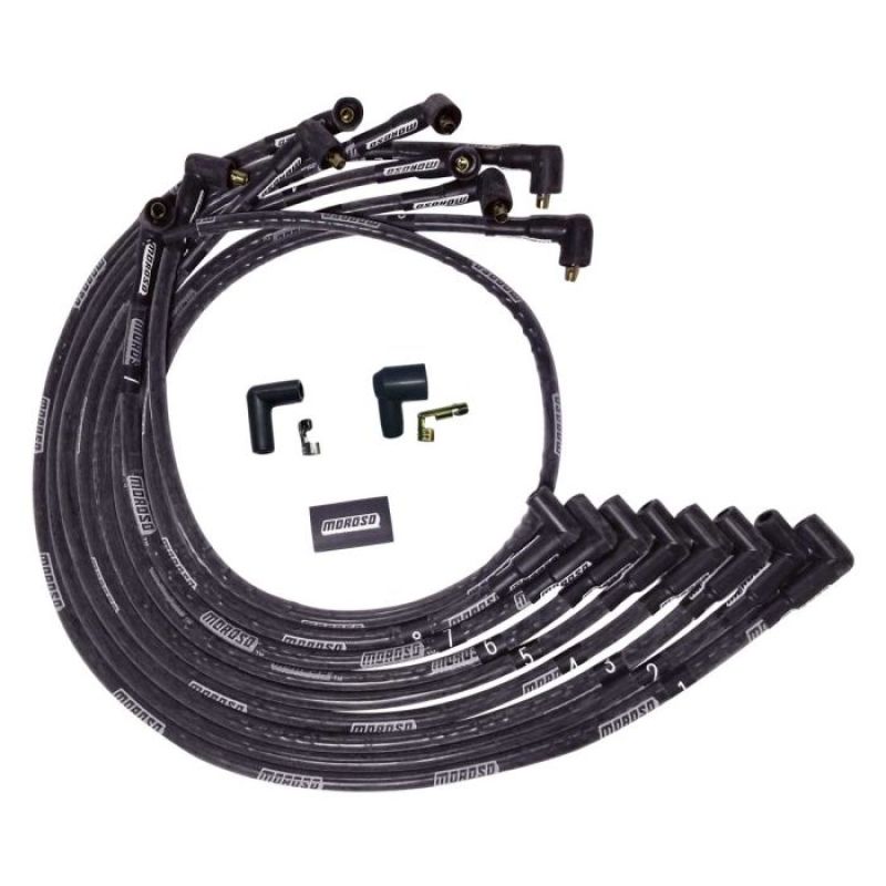 Moroso BBC Under Header 90 Deg Plug End Non-HEI Sleeved Ultra Spark Plug Wire Set - Black-thumbmail-1