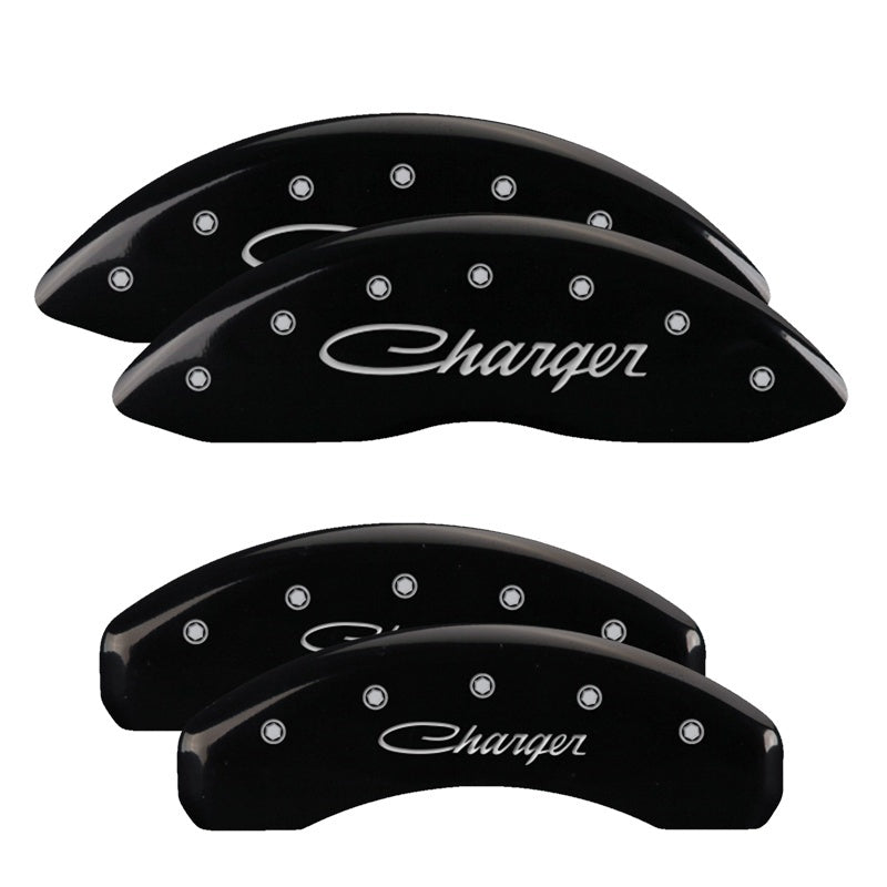 MGP 4 Caliper Covers Engraved Front & Rear Cursive/Charger Black finish silver ch-thumbmail-2