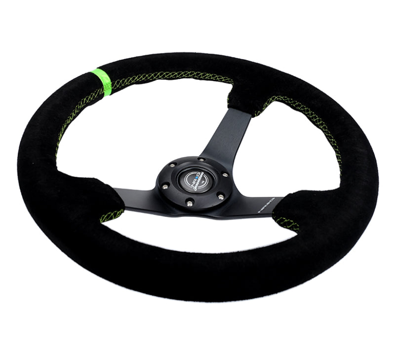 NRG Reinforced Steering Wheel 350mm/3in. Deep Blk Suede/ Neon Green Stitch w/5mm Matte Black Spoke-thumbmail-2