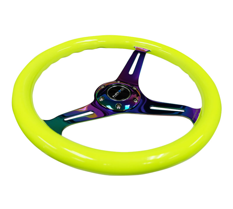 NRG Classic Wood Grain Steering Wheel (350mm) Neon Yellow Color w/Neochrome Spokes-thumbmail-3