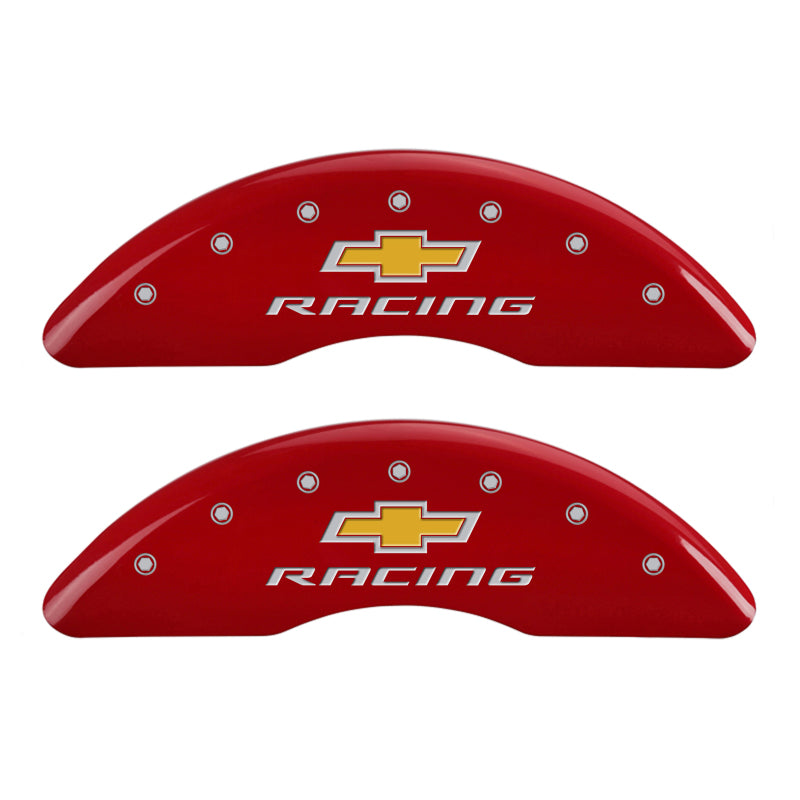 MGP 4 Caliper Covers Engraved Front & Rear Chevy Racing Red Finish Silver Char 2016 Chevrolet Camaro-thumbmail-3