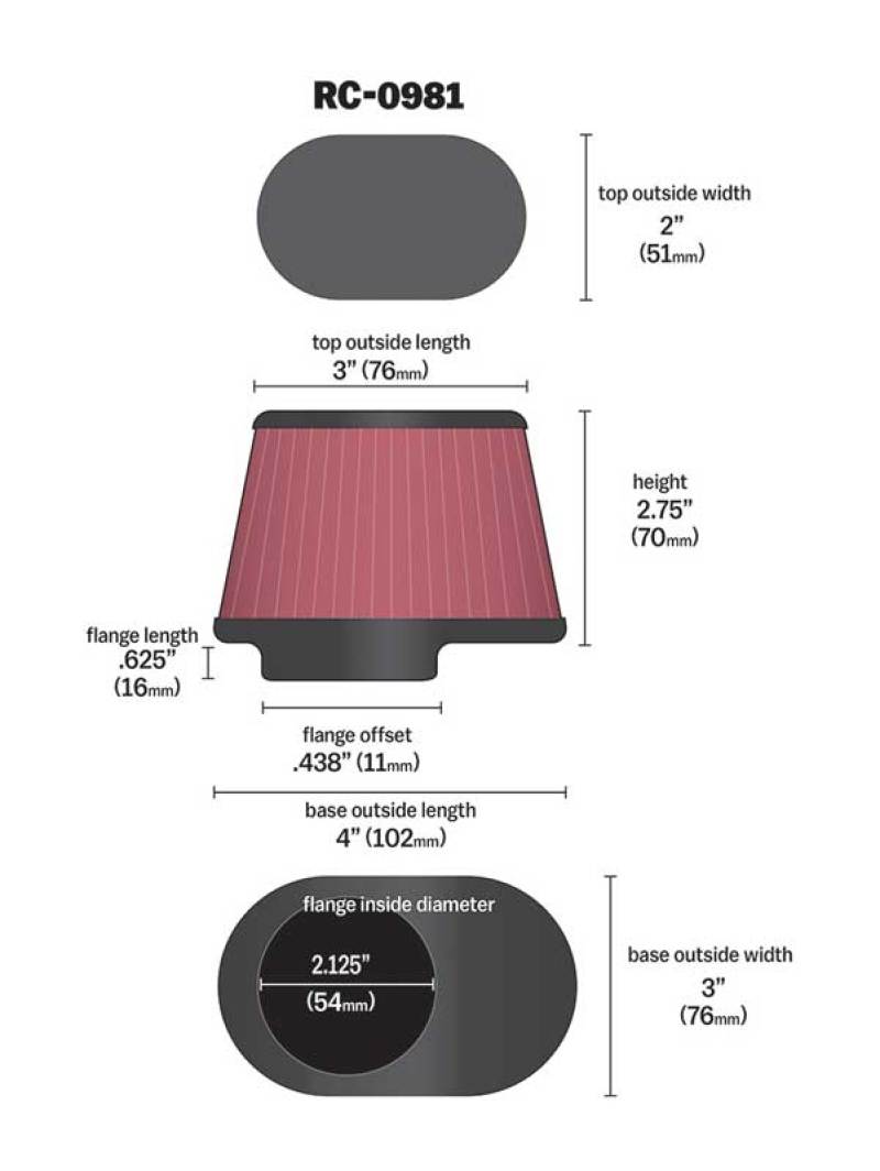 K&N Uni Chrome Oval Tapered Filter 2.125in FlgID x 4inB OL x 3inB OW x 3inT OL x 2inT OW x 2.75in H-thumbmail-15
