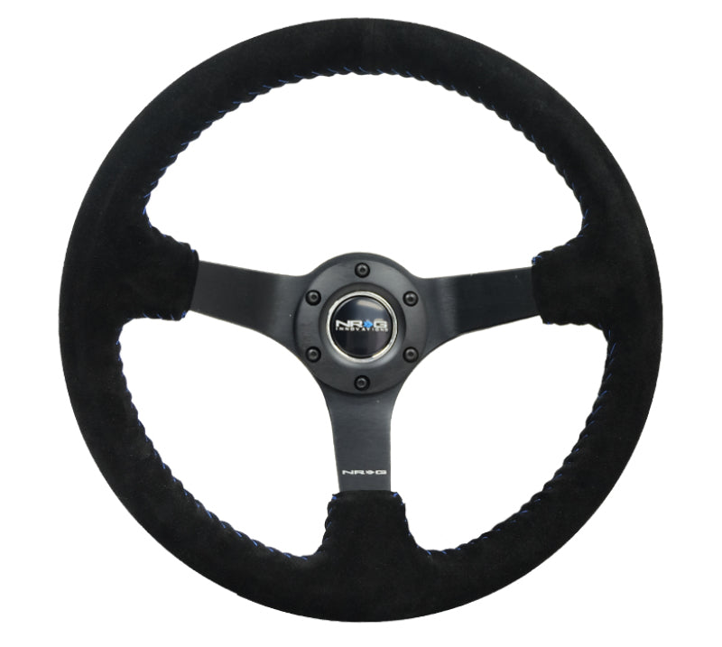 NRG Reinforced Steering Wheel (350mm / 3in. Deep) Blk Suede/Blue BBall Stitch w/5mm Matte Blk Spokes-thumbmail-5