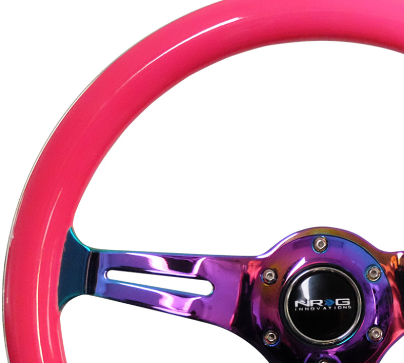 NRG Classic Wood Grain Steering Wheel (350mm) Neon Pink Painted Grip w/Neochrome 3-Spoke Center-thumbmail-4