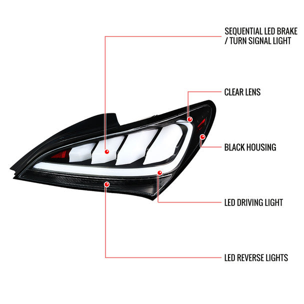 Spec D 2010-2016 Hyundai Genesis Coupe White Bar Sequential LED Tail Lights (Matte Black Housing/Clear Lens)