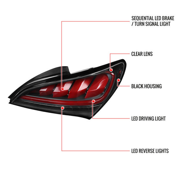 Spec D 2010-2016 Hyundai Genesis Coupe Red Bar Sequential LED Tail Lights (Satin Black Housing/Clear Lens)