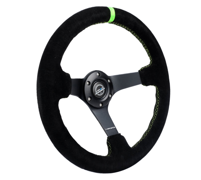 NRG Reinforced Steering Wheel 350mm/3in. Deep Blk Suede/ Neon Green Stitch w/5mm Matte Black Spoke-thumbmail-3
