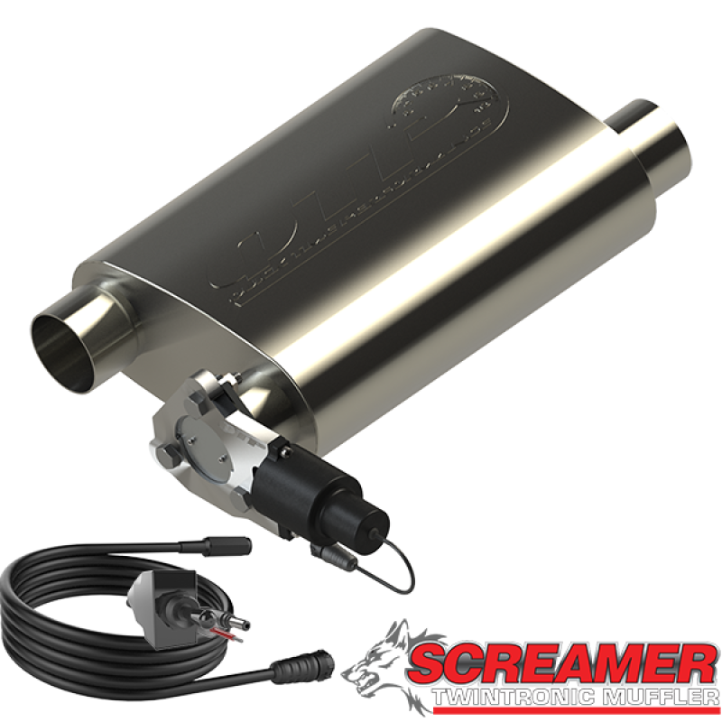 QTP 2.5in Weld-On 304SS Reverse Screamer Muffler w/Bolt-On QTEC Electric Cutout-thumbmail-2