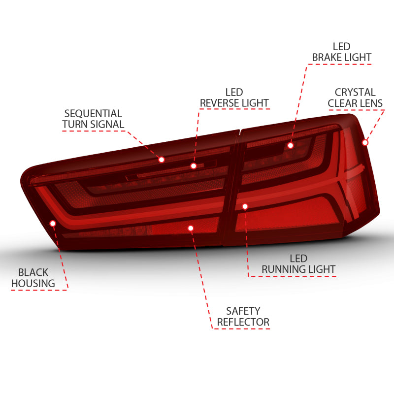 ANZO 2012-2018 Audi A6 LED Taillight Black Housing Red/Clear Lens 4 pcs (Sequential Signal)-thumbmail-5