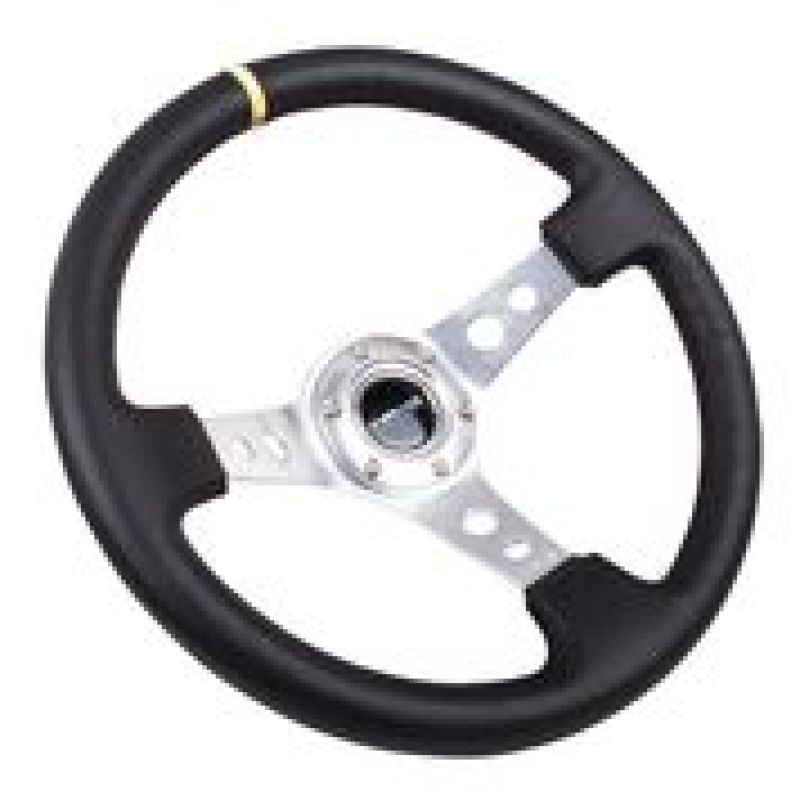 NRG Reinforced Steering Wheel (350mm / 3in. Deep) Blk Leather w/Circle Cut Spokes & Single Yellow CM-thumbmail-2
