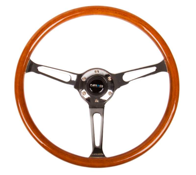 NRG Reinforced Steering Wheel (360mm) Classic Wood Grain w/Chrome Cutout 3-Spoke Center-thumbmail-2