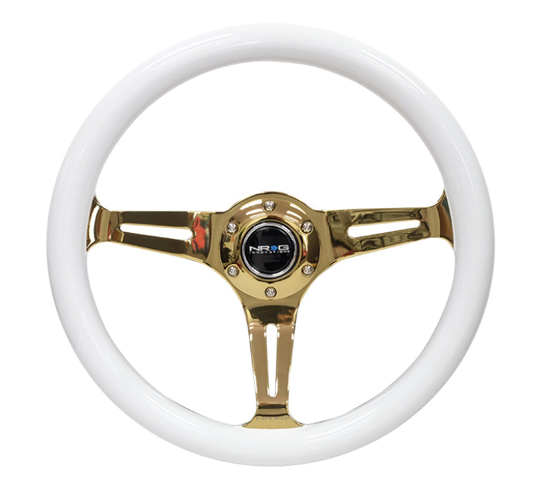 NRG Classic Wood Grain Steering Wheel (350mm) White Grip w/Chrome Gold 3-Spoke Center-thumbmail-3