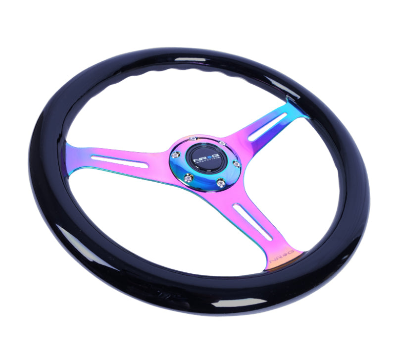 NRG Classic Wood Grain Steering Wheel (350mm) Black Paint Grip w/Neochrome 3-Spoke Center-thumbmail-3