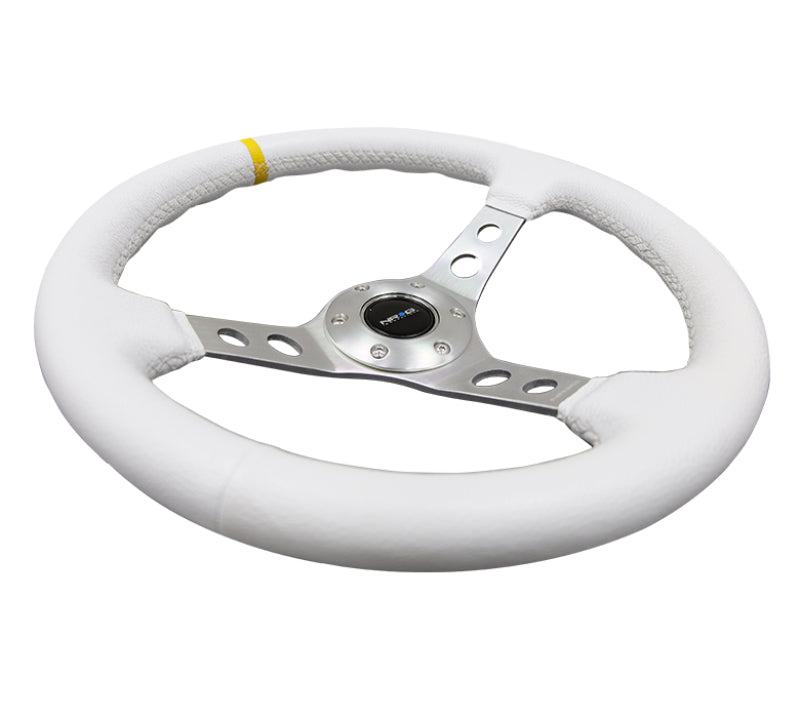 NRG Reinforced Steering Wheel (350mm / 3in. Deep) Wht Leather w/Silver Spoke & Single Yellow Mark-thumbmail-6