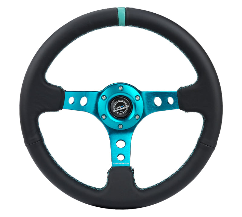 NRG Reinforce Steering Wheel (350mm / 3in. Deep) Blk Leather, Teal Center Mark w/ Teal Stitching-thumbmail-2