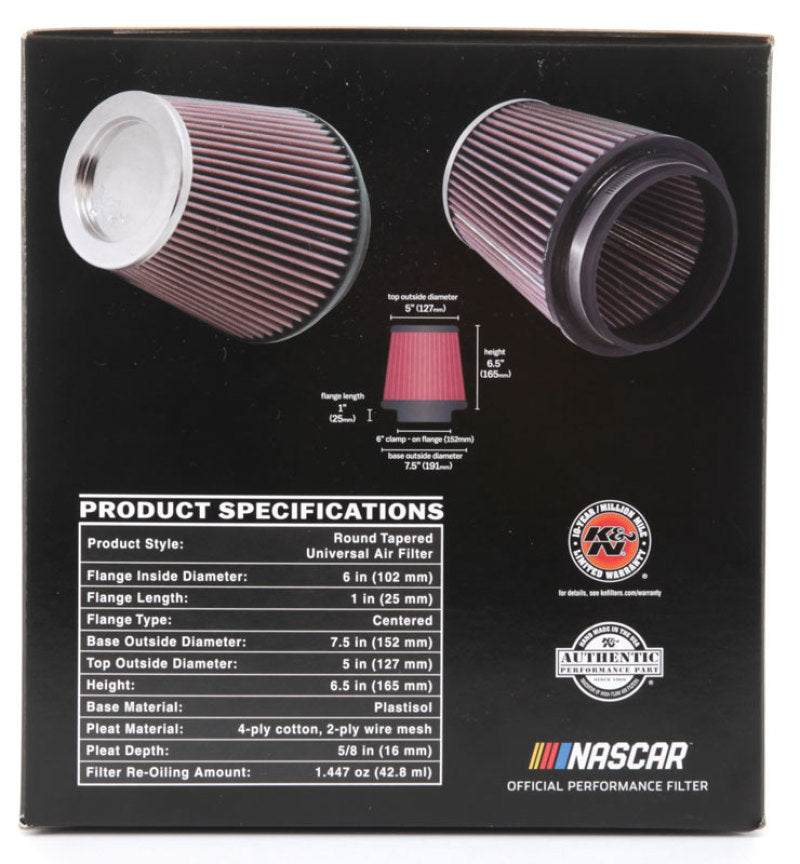 K&N Round Tapered Universal Air Filter 6in Flange ID x 7.5in Base OD x 5in Top OD x 6.5in Height-thumbmail-15