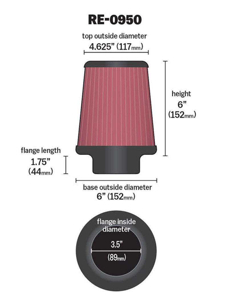 K&N Universal Rubber Filter 3 1/2inch ID FLG / 6inch Base / 4-5/8inch Top / 6inch Height-thumbmail-5