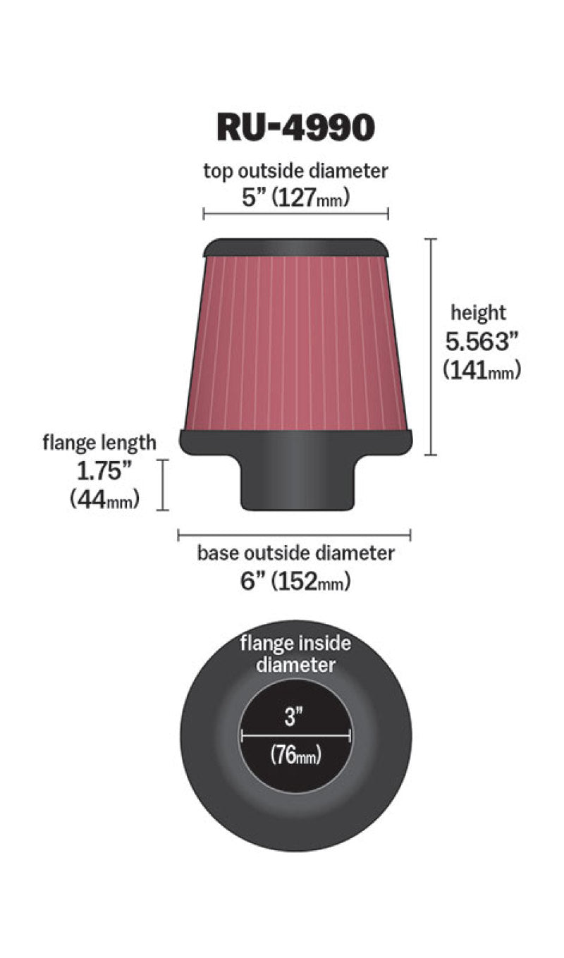 K&N Filter Universal Rubber Filter-Rd Tapered 3in Flange ID x 6in Base OD x 5in Top OD x 5.563in H-thumbmail-11