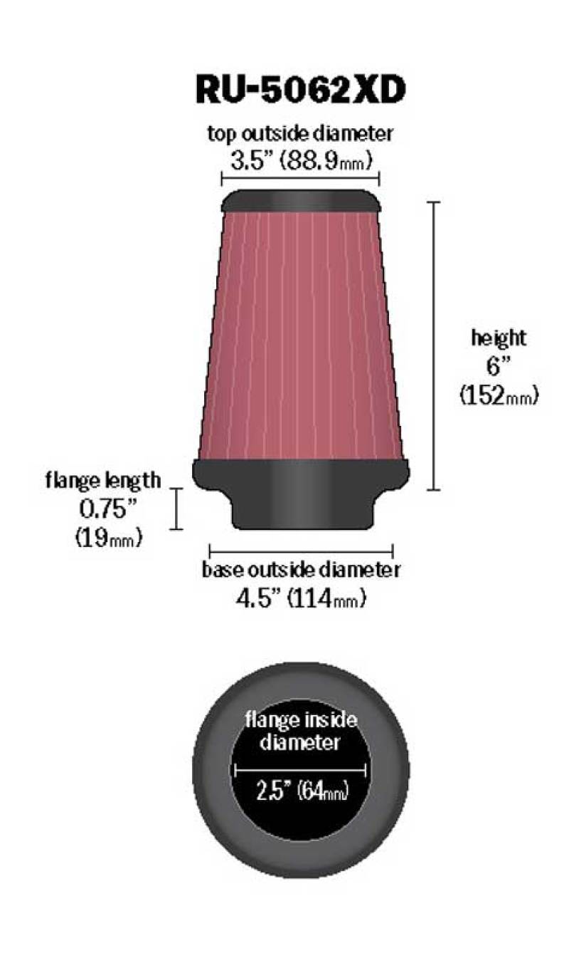 K&N Universal Rubber Filter 2-1/2in Flg / 4-1/2in OD B / 3-1/2in OD T / 6in H - Black Top-thumbmail-9
