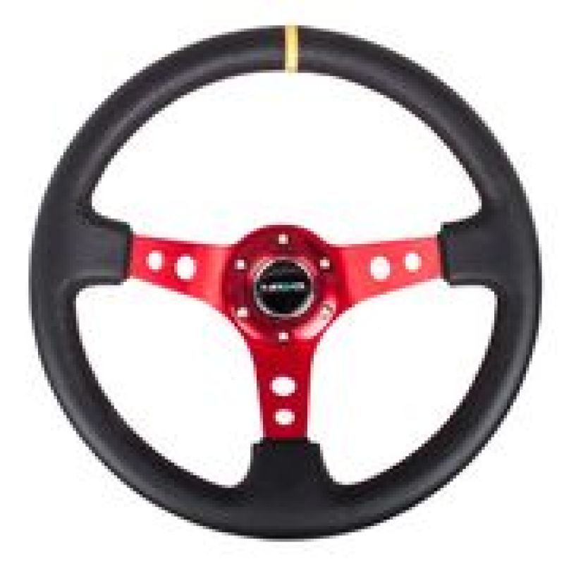 NRG Reinforced Steering Wheel (350mm / 3in. Deep) Blk Leather w/Red Spokes & Sgl Yellow Center Mark-thumbmail-1