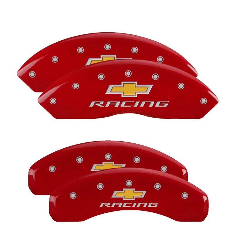 MGP 4 Caliper Covers Engraved Front & Rear Chevy Racing Red Finish Silver Char 2017 Chevrolet Camaro-thumbmail-3