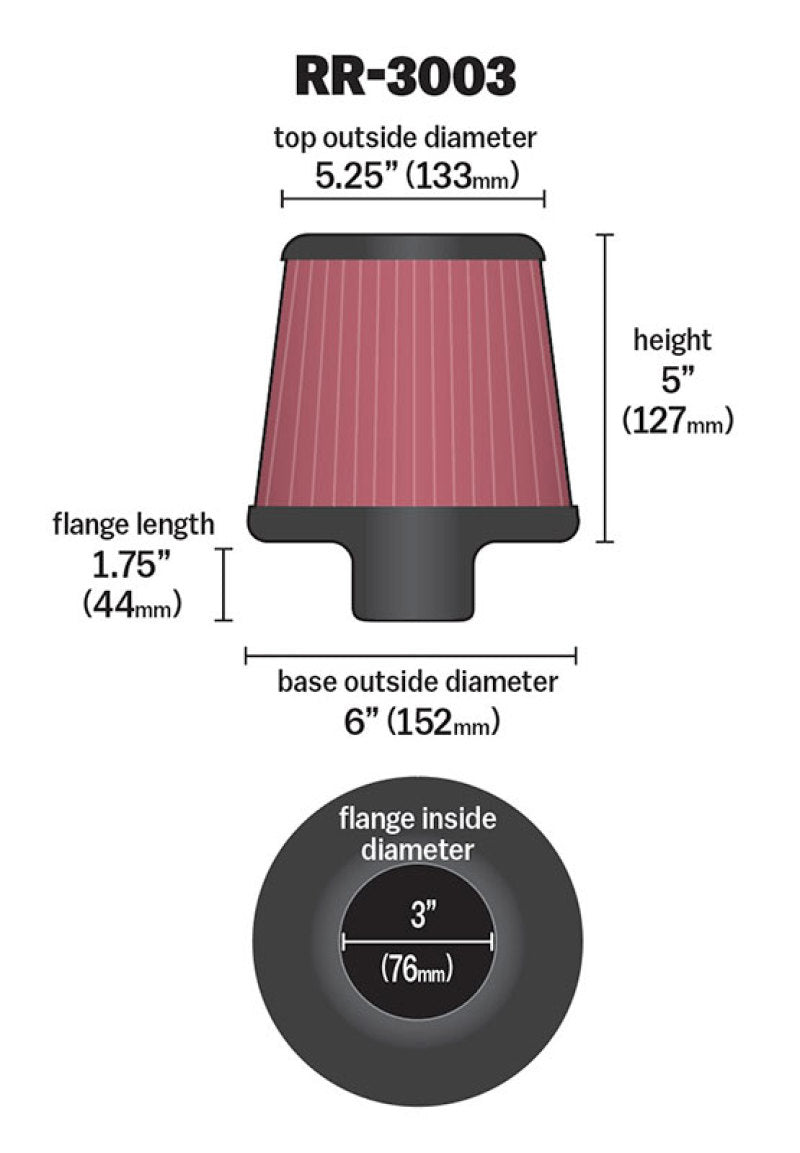 K&N Universal Filter 3 inch Flange 6 inch Base 5 1/4 inch Top 5 inch Height w/ Polished Top-thumbmail-3