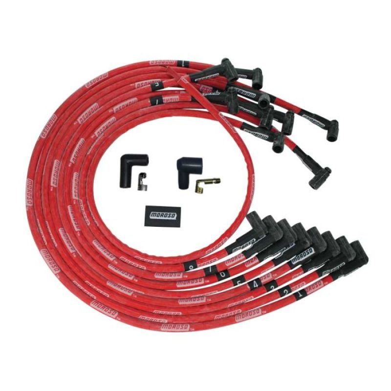 Moroso BBC Under Header 90 Deg Plug Boots HEI Sleeved Ultra Spark Plug Wire Set - Red-thumbmail-1